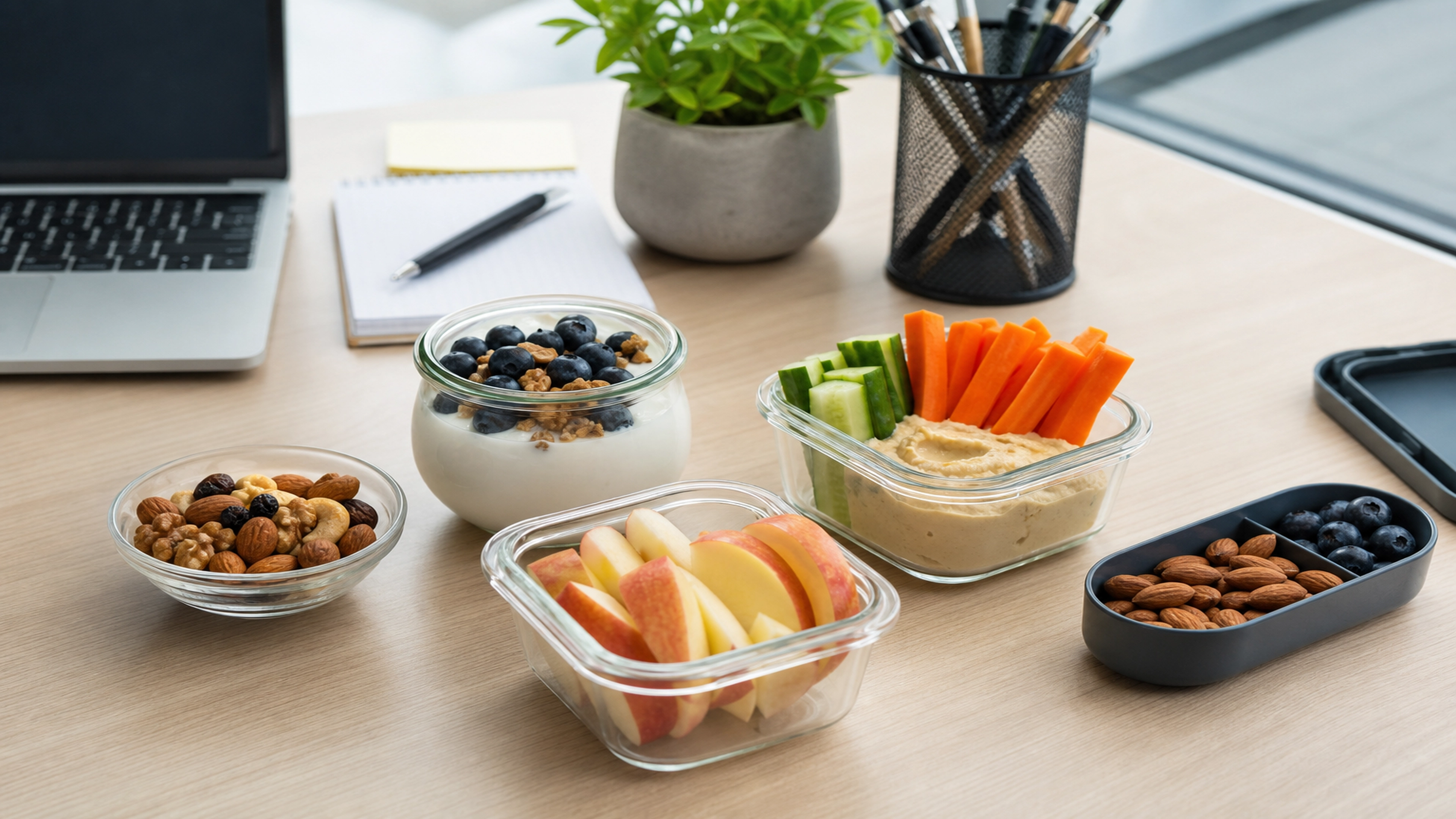Snacks saludables en el trabajo: energía estable sin nevera de influencer