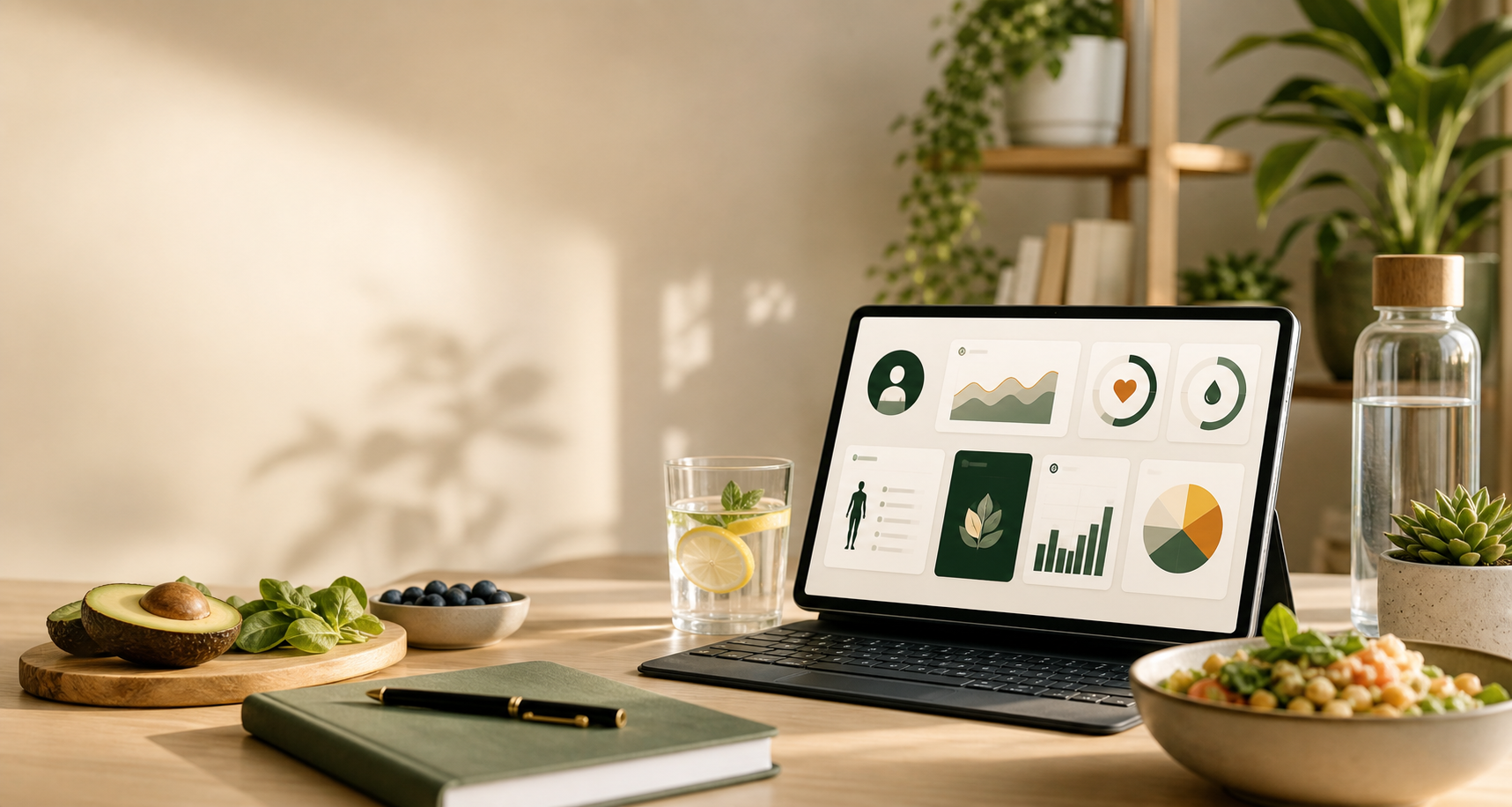 Panel premium de bienestar con métricas de salud, nutrición e hidratación