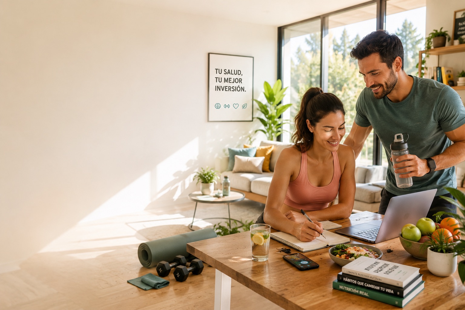 Pareja revisando hábitos saludables, hidratación, entrenamiento y alimentación en casa