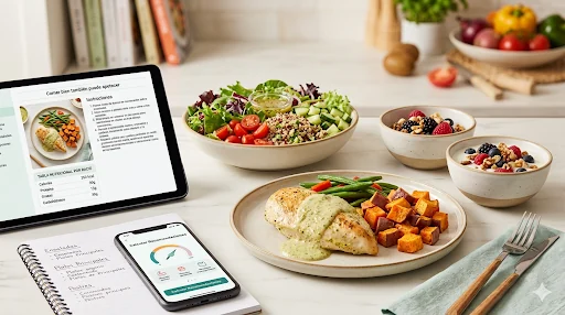 Tablet y móvil mostrando recetas y calculadoras de bienestar junto a platos saludables