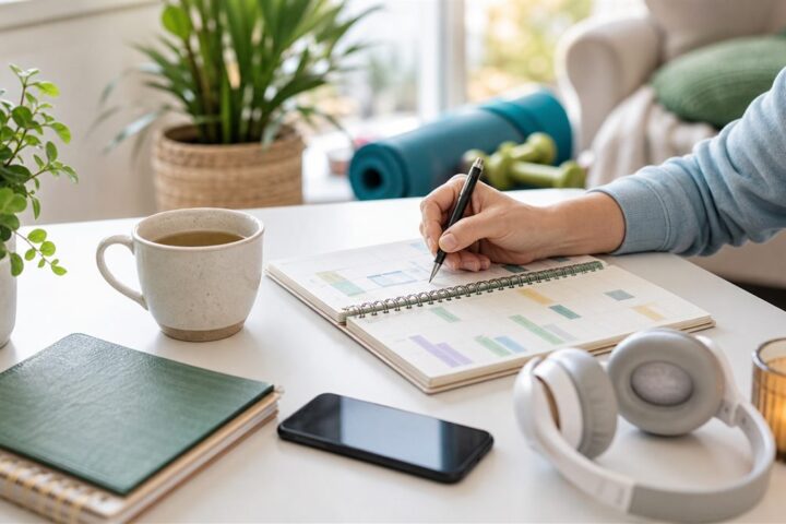 Mesa de planificacion semanal con te, planta y materiales de organizacion saludable