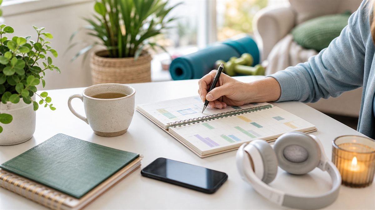 Mesa de planificacion semanal con te, planta y materiales de organizacion saludable