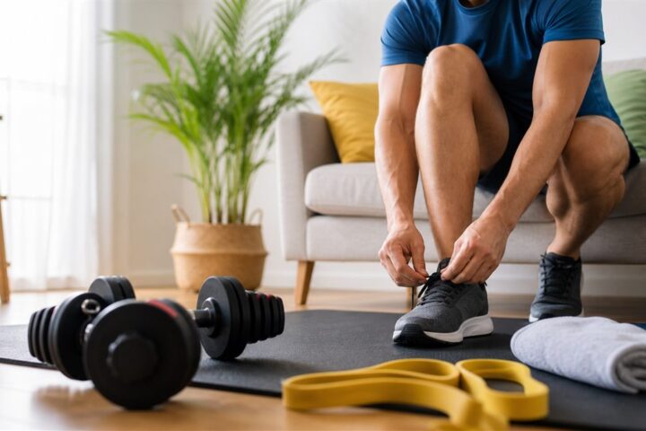 Zona de entrenamiento en casa con mancuernas, esterilla y luz natural
