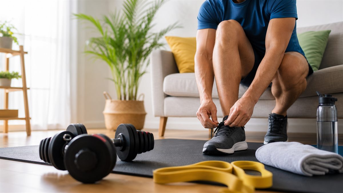 Zona de entrenamiento en casa con mancuernas, esterilla y luz natural