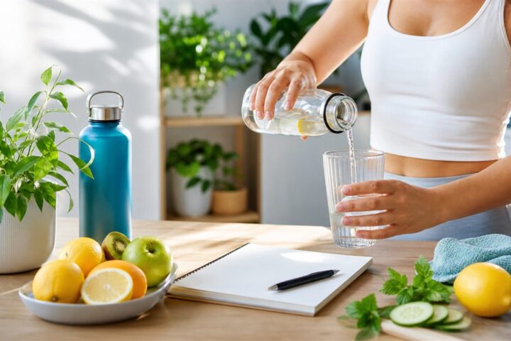 Vaso de agua con limon y botella reutilizable en una cocina luminosa