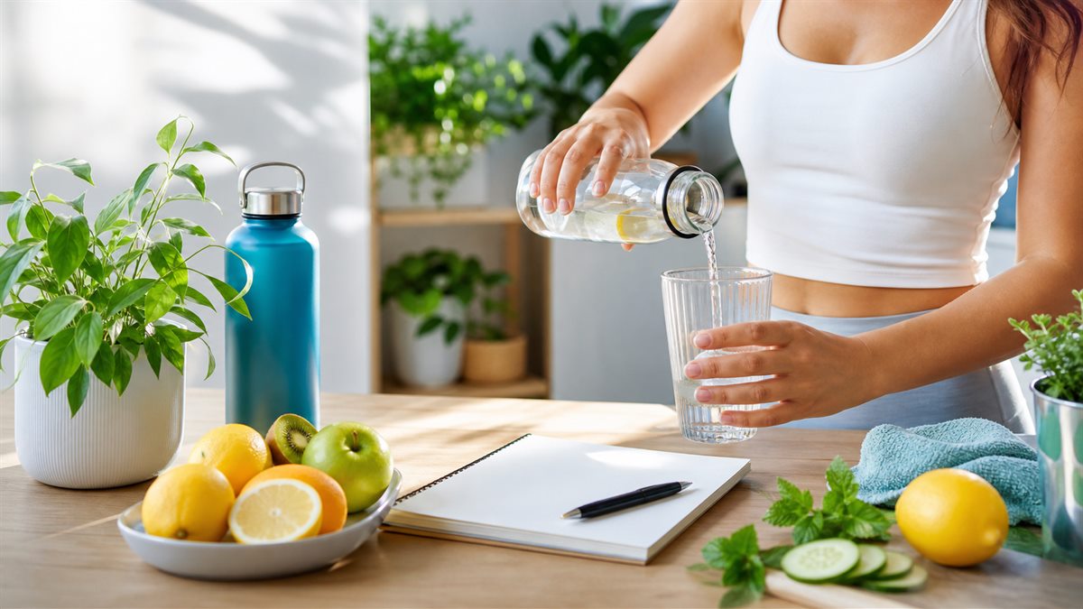 Vaso de agua con limon y botella reutilizable en una cocina luminosa