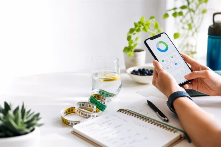 Persona revisando metricas de salud en una calculadora digital con habitos saludables alrededor