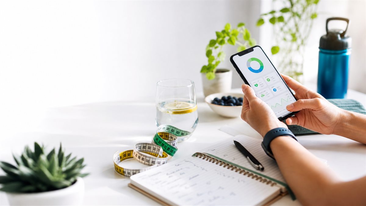 Persona revisando metricas de salud en una calculadora digital con habitos saludables alrededor