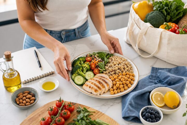 Plato equilibrado con verduras, proteina y cereales integrales en cocina luminosa