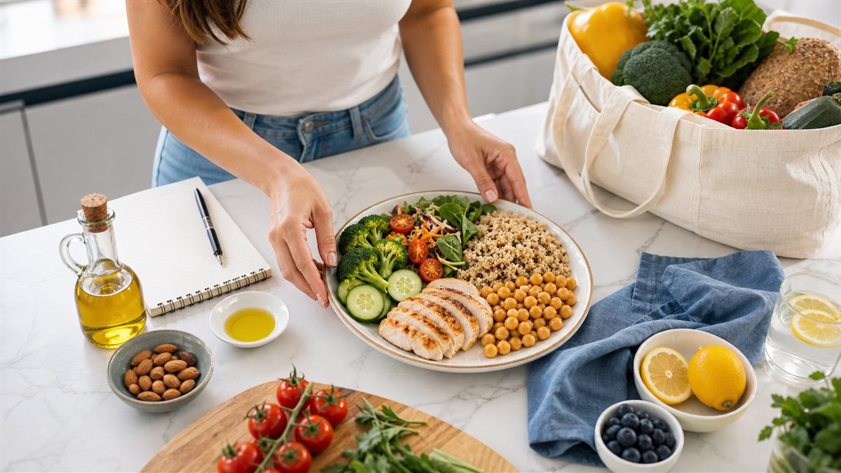 Plato equilibrado con verduras, proteina y cereales integrales en cocina luminosa