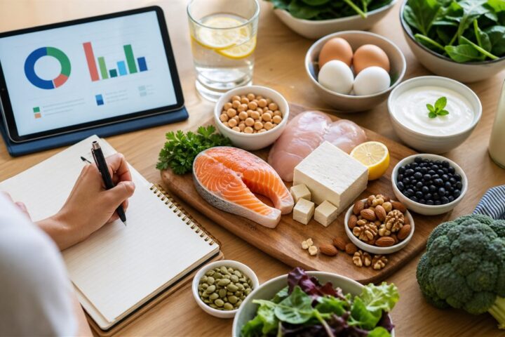 Mesa con alimentos ricos en proteina y vegetales en estilo editorial saludable