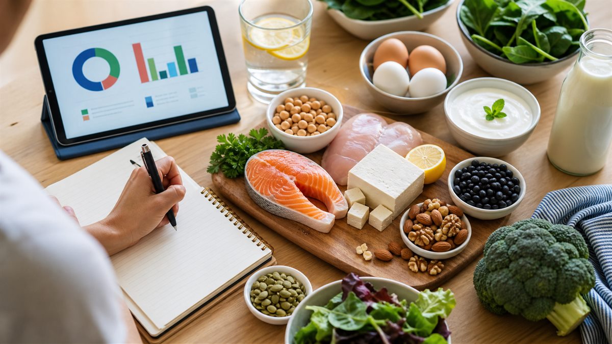 Mesa con alimentos ricos en proteina y vegetales en estilo editorial saludable