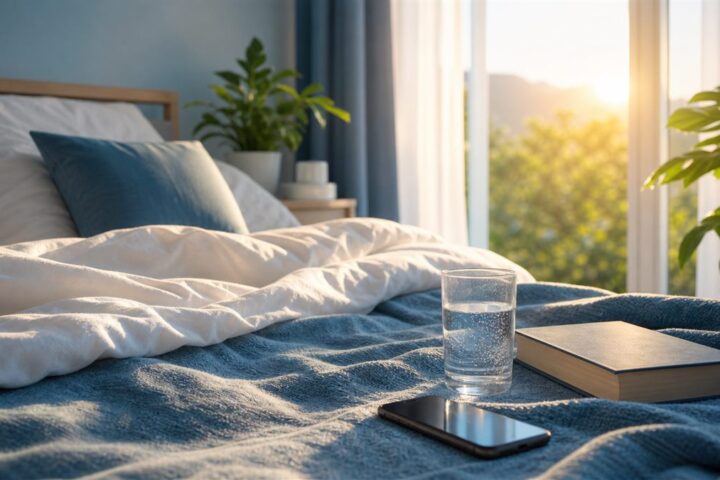 Dormitorio sereno con luz de amanecer, agua y libro en la mesilla