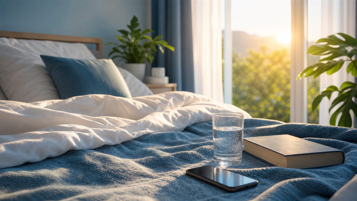 Dormitorio sereno con luz de amanecer, agua y libro en la mesilla
